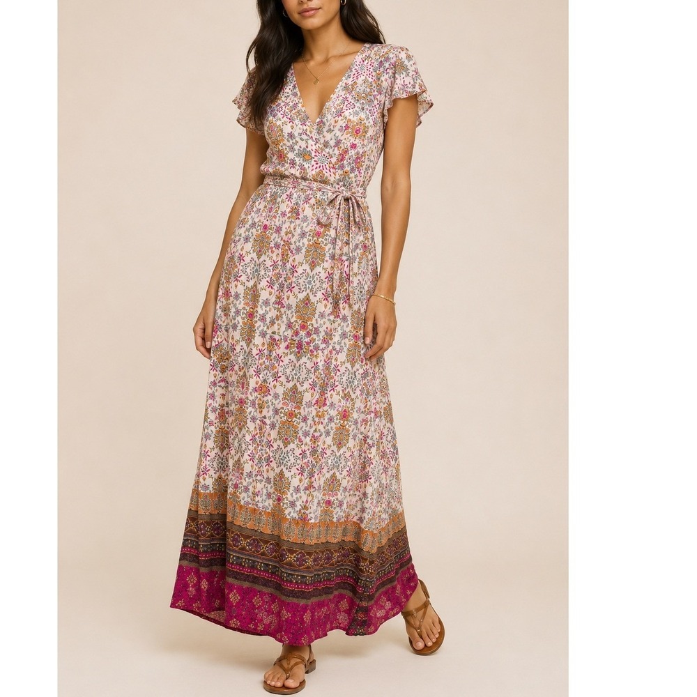 Patrons of Peace Boho Floral Faux Wrap Paisley Maxi Dress Rayon Size M